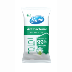 Антисептики і маски - Вологі серветки Smile mini Antibacterial з соком подорожника 8 шт (42213245) Антисептики і маски - Вологі серветки Smile mini Antibacterial з соком подорожника 8 шт (42213245)