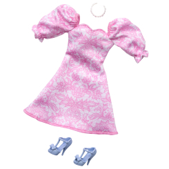 Одяг та аксесуари - Набір одягу Barbie Рожева сукня з об'ємними рукавами з принтом та блакитні туфлі (GWD96/HRH40) Одяг та аксесуари - Набір одягу Barbie Рожева сукня з об'ємними рукавами з принтом та блакитні туфлі (GWD96/HRH40)