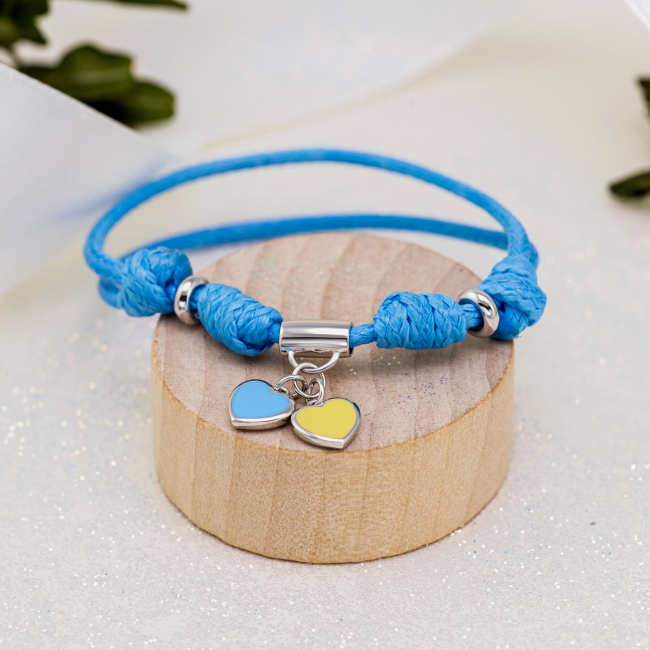 Ювелірні прикраси - Браслет на шнурку UmaUmi Україна з підвісами-серцями із жовтою та блакитною емаллю (2210000019140)#3