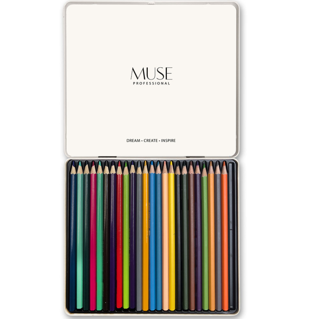 Канцтовари - Олівці акварельні MUSE Шестигранні з пензликом Металева коробка 24 кольори (103M-24)#2